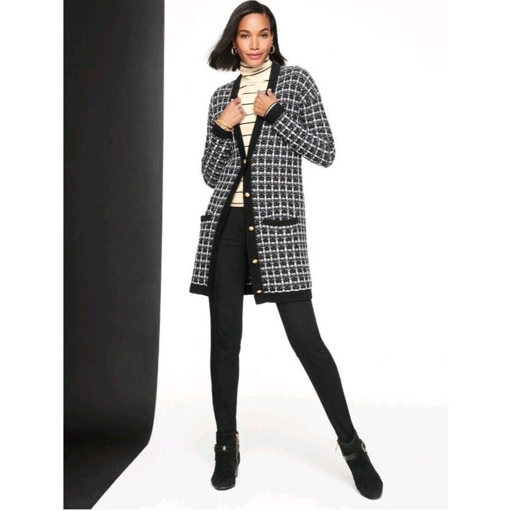 Talbots Black White Plaid Merino Wool Oversized Gold Buttons Duster Cardigan S